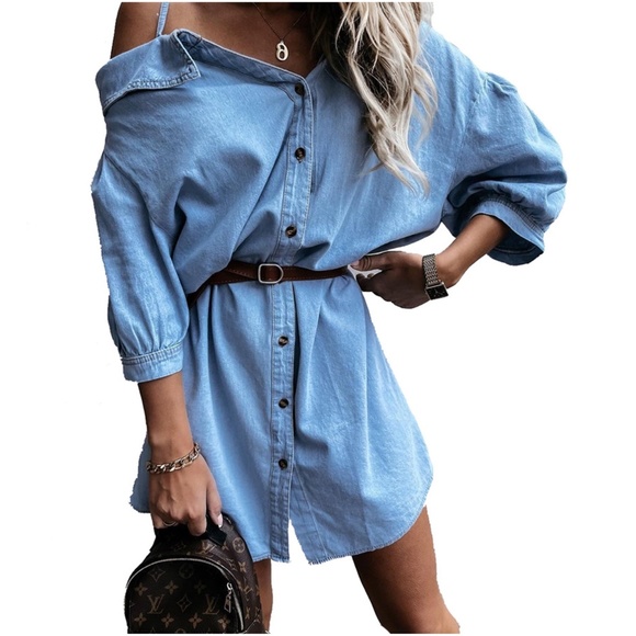 BellanBlue Dresses & Skirts - Denim Button Down Puff Sleeve One Shoulder Shirt Dress